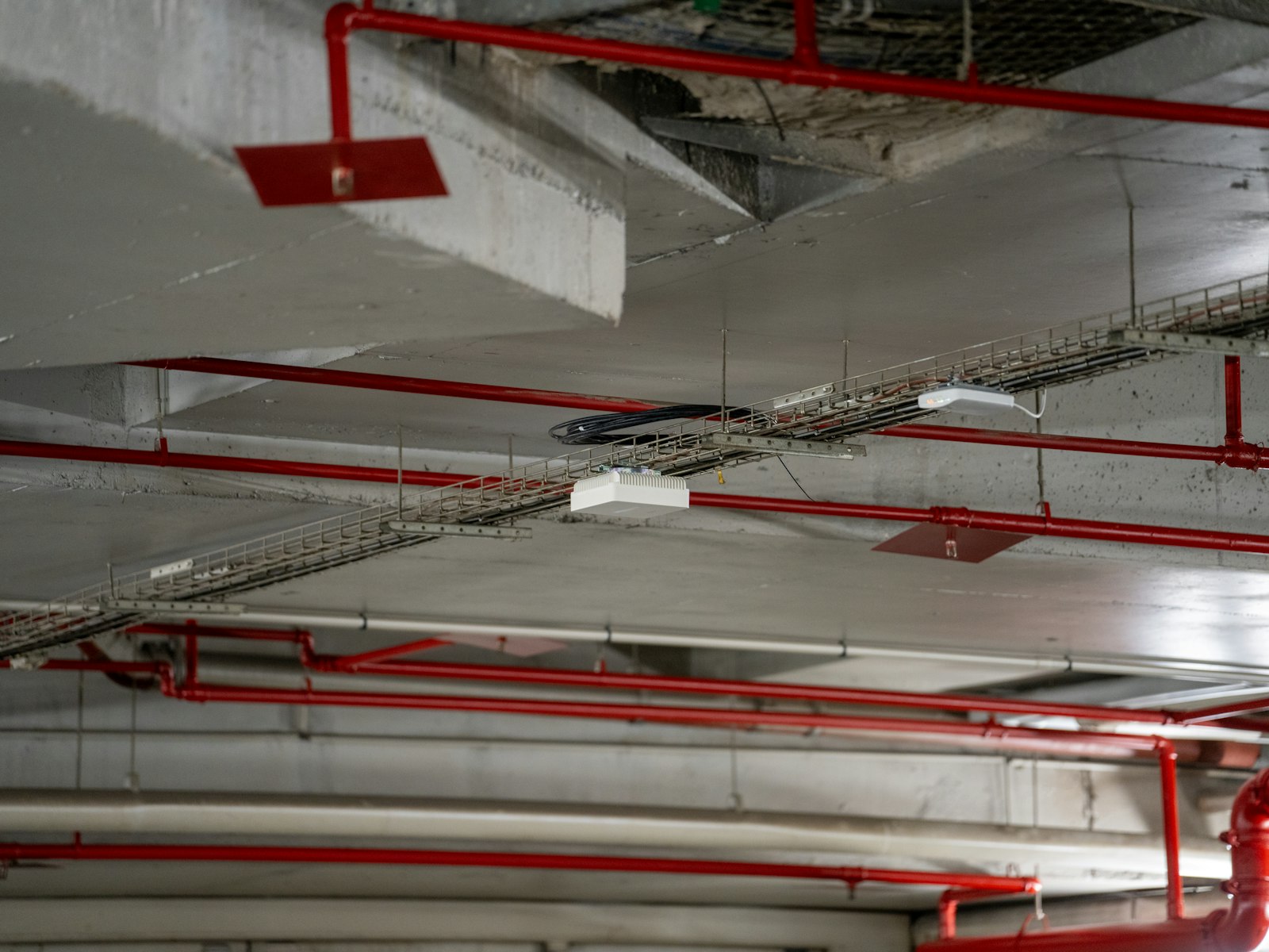 Fire suppression pipework and cable trays in a building ceiling void